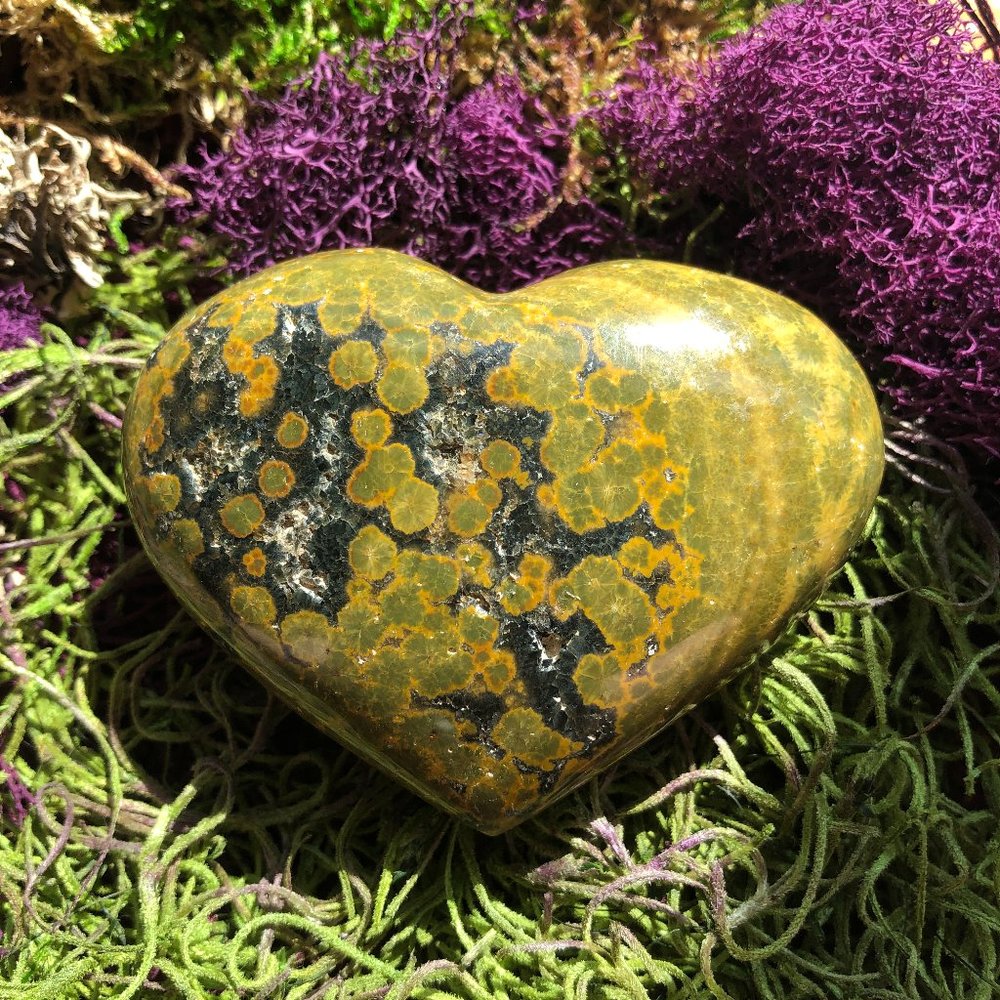 Large Yellow Ocean Jasper Heart Palm Stone with crystal caves and green black